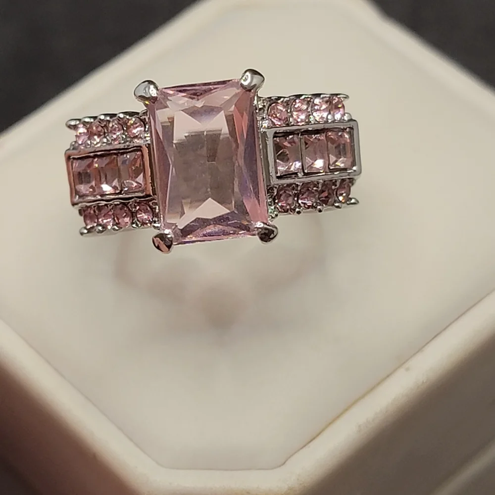Silver Tone Simulated Pink Gemstone Ring